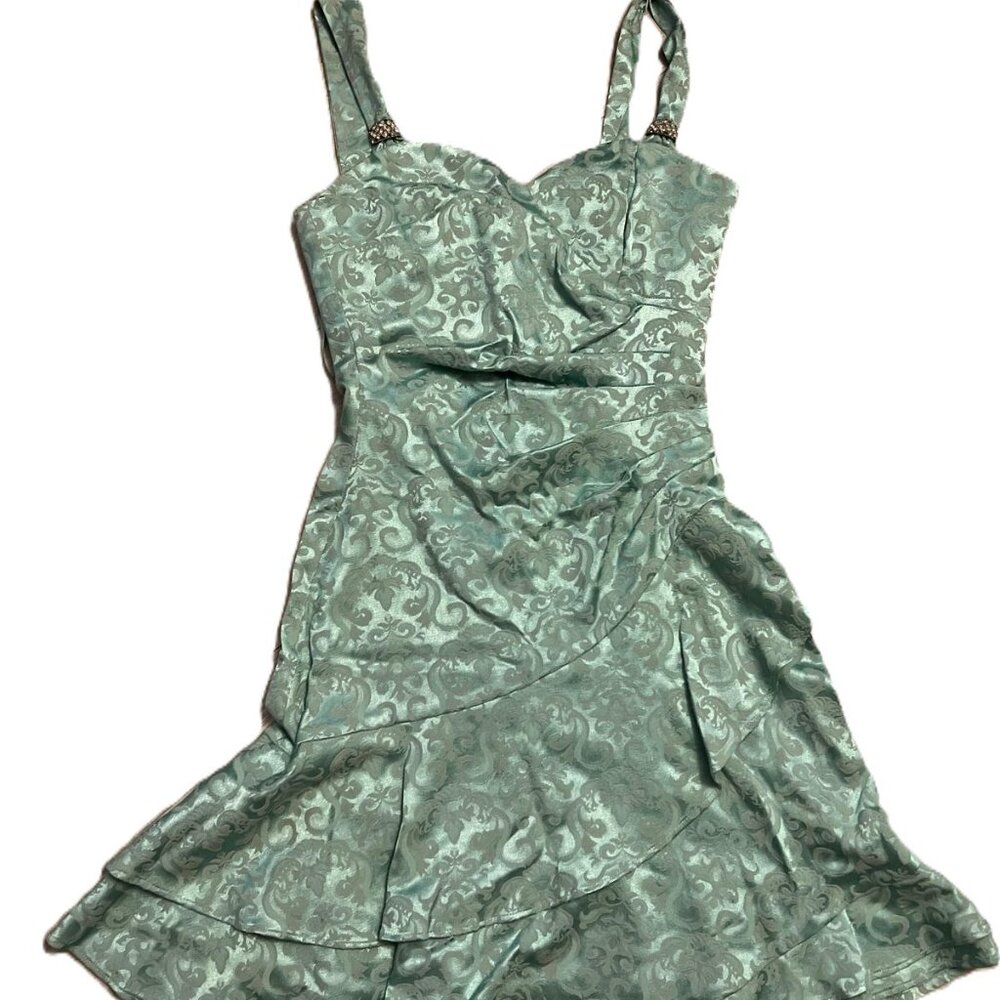 Le Chateau Mint Colour Jacquard Cocktail Dress with Rhinestone Charms Size XXS